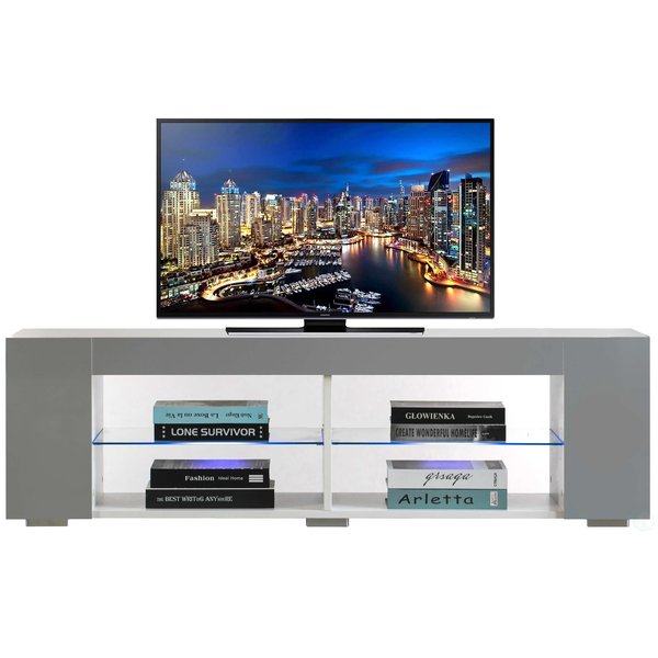 Basicwise White Entertainment TV Stand with LED Lights and Glass Shelves with UV Frame QI004417L